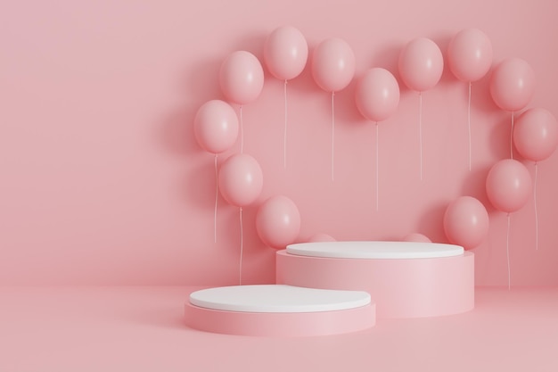 День святого валентина розовый фон с дисплеем продукта и воздушными шарами в форме сердца 3d-рендеринг