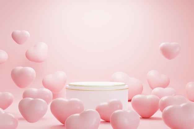 Valentine's day pink background with product display and heart shaped balloons 3d rendering