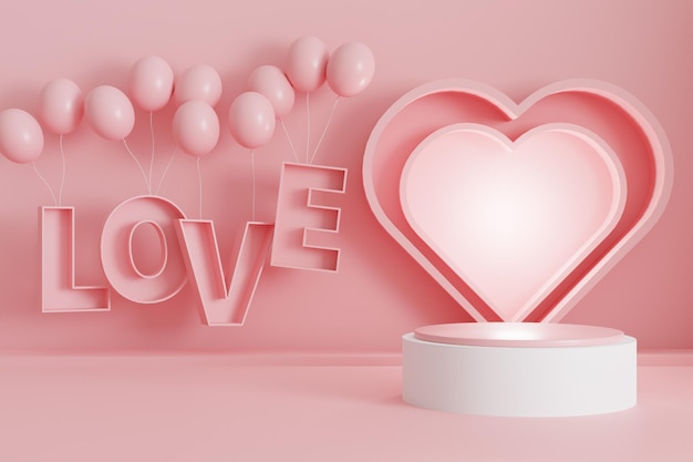 バレンタインデーのピンクの背景に製品表示と LOVE レタリング バルーン ハート型