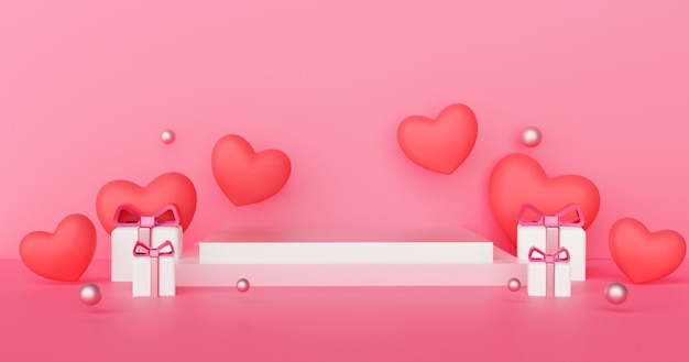 Podio di san valentino per un prodotto con rendering 3 d cuori.