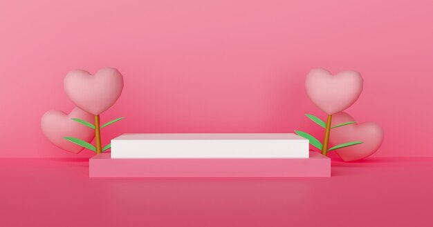 Podio di san valentino per un prodotto con rendering 3 d cuori.