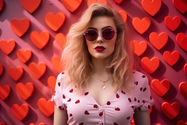 Photo valentine's day portrait of beautiful young woman in sunglasses on red background with hearts