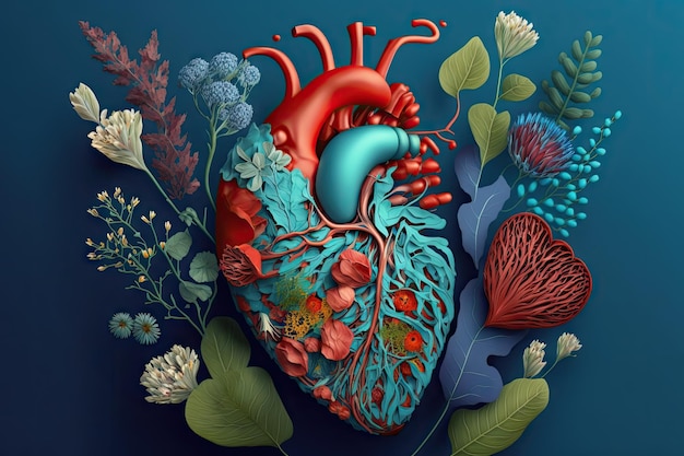 Valentine's day romantic human heart with flowers on blue background