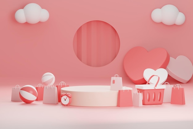 Photo valentine's day sale 3d podium with heart shopping bag balloon ball and shopping basket