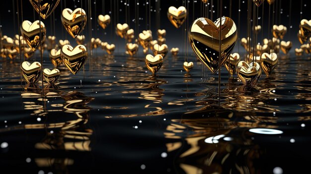 Valentine's Day shape of golden hearts in water movement of golden bubbles on a black matte backgrou