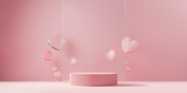 Valentine's day stage podium mock up with heart product display showcase 3d rendering