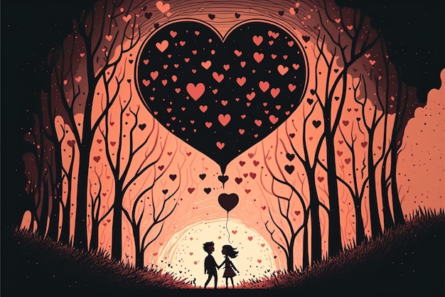 バレンタインデーのテーマ ロマンチックな若いカップルの愛とハートの形の図