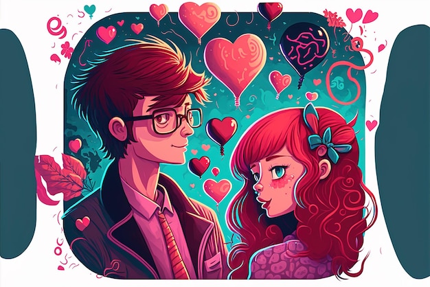 Foto tema di san valentino giovani coppie romantiche nell'illustrazione di amore