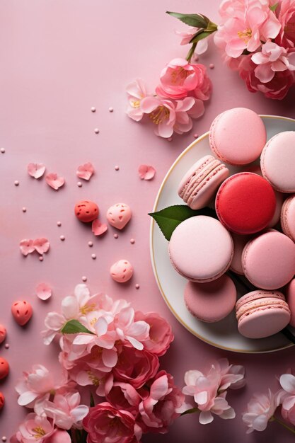 День святого Валентина с розовыми макаронами и весенними цветами