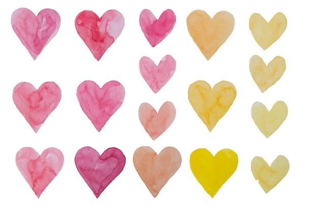 Valentine's Day watercolor hand painting pink and yellow set hearts.