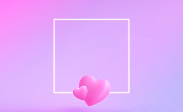 Valentine's day with white glow square frame. Two cute valentine's hearts is in the bottom on the frame. Pink and blue gradient background. Space for text