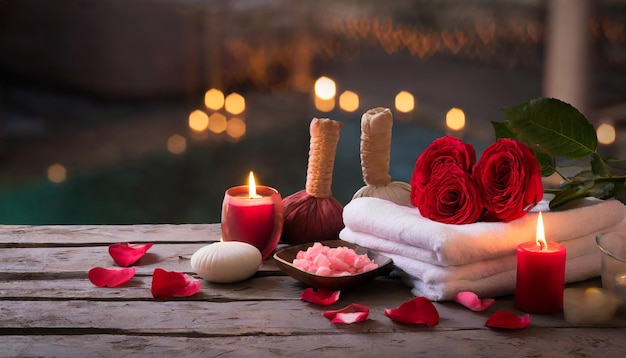 Valentine's Day Zen en ontspanning met wellness decoratie spa massage olie en houten achtergrond