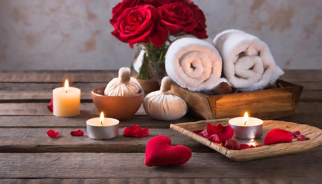 Valentine's Day Zen en ontspanning met wellness decoratie spa massage olie en houten achtergrond