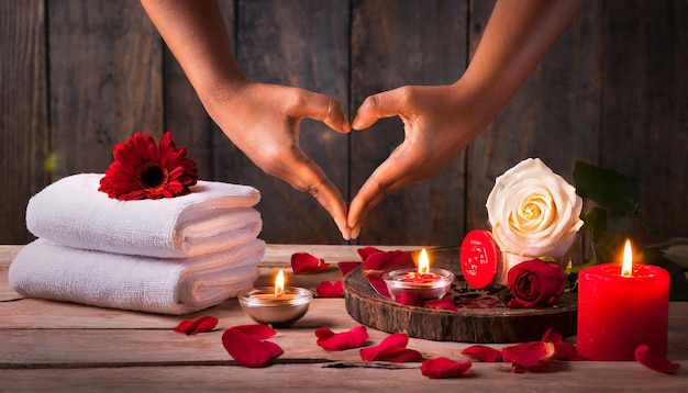 Valentine s Day Zen and relaxation with wellness decoration spa massage oil and wooden background