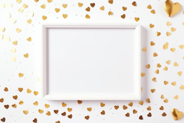 Photo valentine's golden confetti photo frame mockup minimalistic white background with text space and la