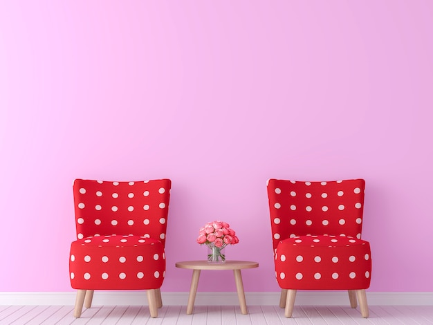 Valentine thema woonkamer 3D-rendering afbeelding. Er zijn minimalistische stijl afbeelding, roze lege muur en rode meubels