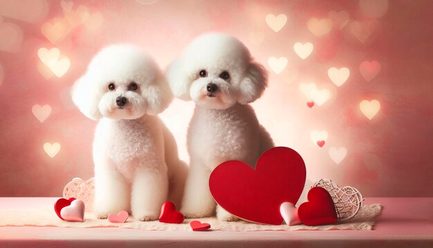 Foto san valentino con cuori retro decorativi e due cani bianchi bichon su uno sfondo pastello con bokeh