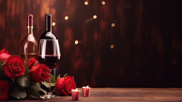 Valentine39s day bottle of wine glasses and red roses