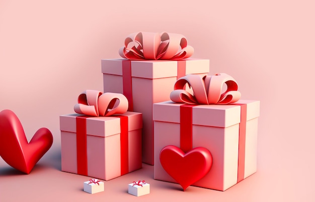 Valentine39s Day Gift boxes with red ribbon and hearts on pink background Generative AI