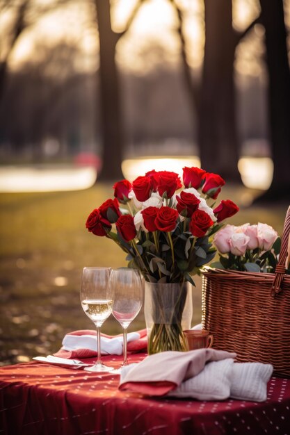 Valentine39s Day picnic with roses and wine at golden hour