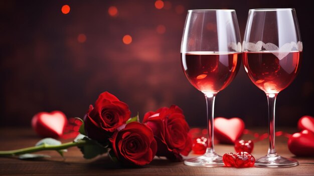 Foto valentine's day bicchiere di vino rosso e rose coppia sfondo cuore c'è spazio per mettere il testo