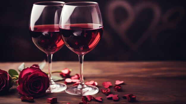 Foto valentine's day bicchiere di vino rosso e rose coppia sfondo cuore c'è spazio per mettere il testo