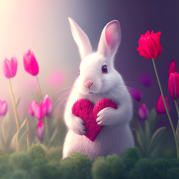 Valentine39s Day White rabbit holding heart on background with tulips Generative AI