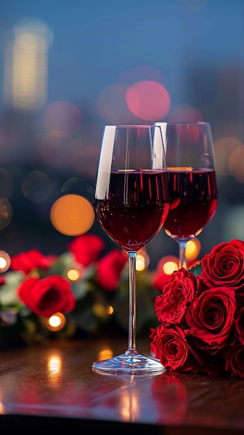 バレンタインの魅力、赤ワインのバラ、テーブルの上の街の明かり 縦型モバイル壁紙