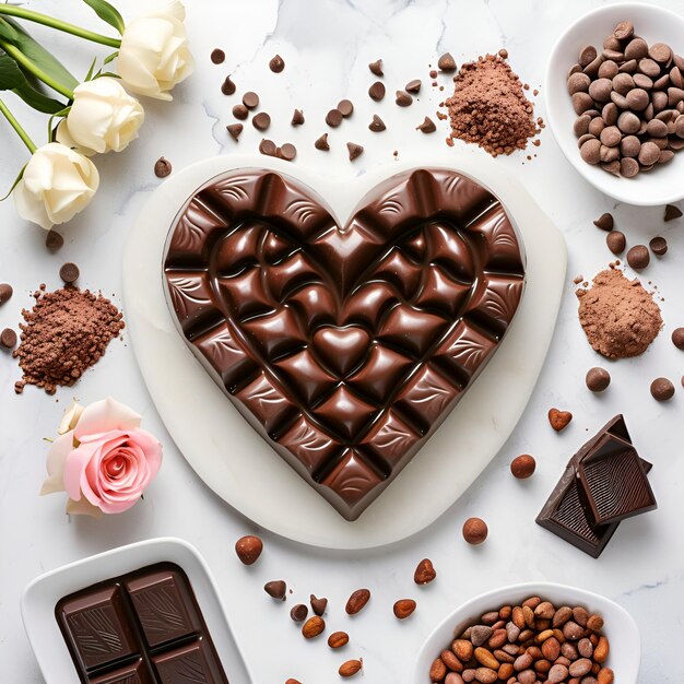 Valentines chocolates in the shape of love on a marble table and surrounded by ingredients