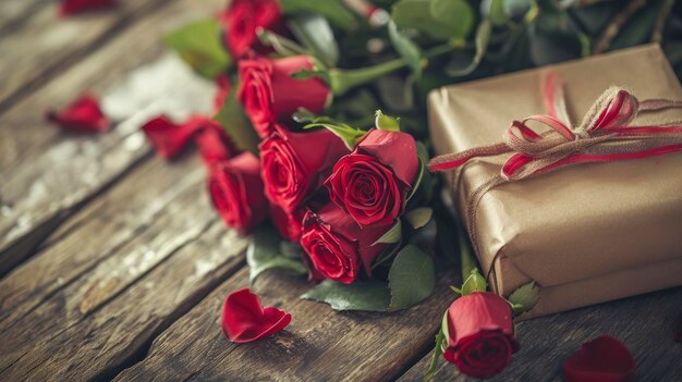 Valentines concept with bouquet of roses and wrapped gift box on wooden table