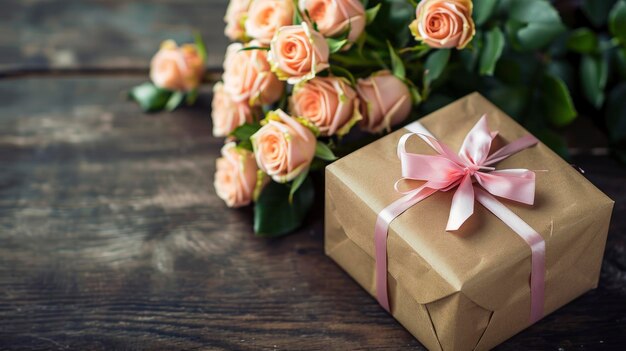 Valentines concept with bouquet of roses and wrapped gift box on wooden table