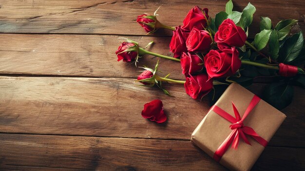 Valentines concept with bouquet of roses and wrapped gift box on wooden table