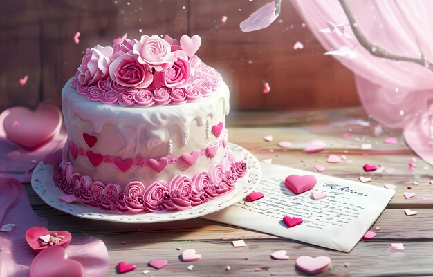 Foto un dolce di san valentino, una lettera d'amore e una torta adornata di rose.