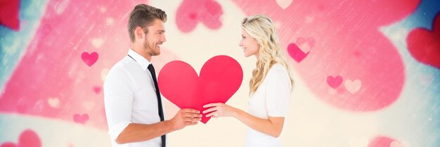 Valentines couple holding heart and love hearts background