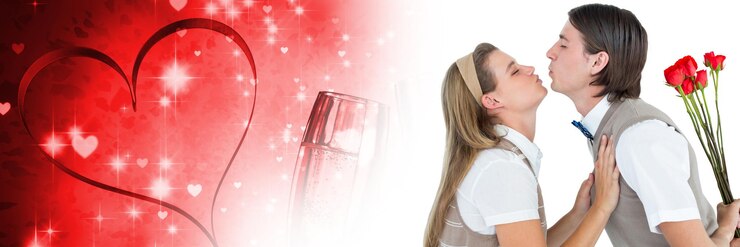 फोटो valentines couple holding roses with love heart background