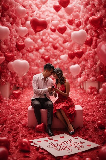 Photo valentines couple with heart balloons