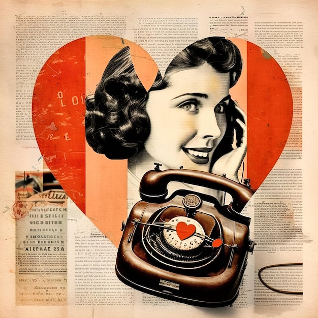 Valentines day 50s style background Cute girl speaking on vintage phone Generative AI