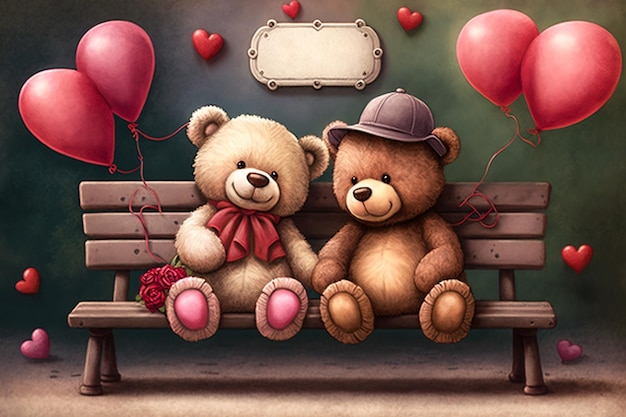 Valentines day adorable teddy bear couple sitting on a bench holding hands Generative AI