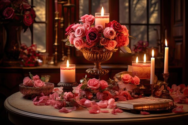 Valentines Day Ambiance Decorated Table with Glowing Candles and Romantic Touch