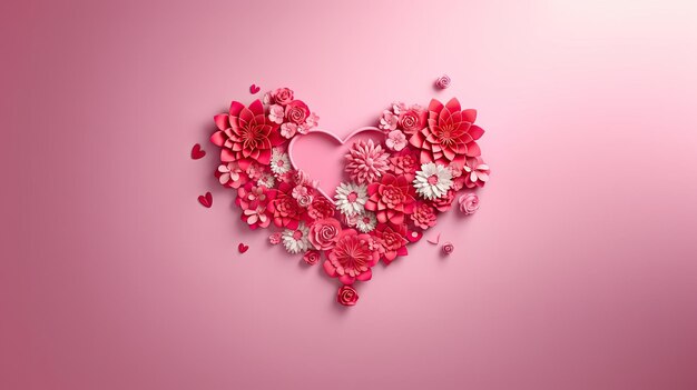 写真 バレンタインデーの背景のバナーに花の心の形とコピースペースの紙でカットされた花が描かれています