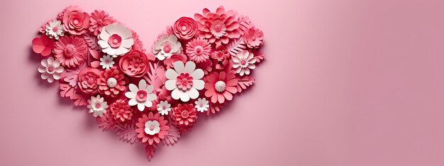 사진 발렌타인 데이 배경 배너는 꽃의 심장 모양과 복사 공간 종이 절단 꽃