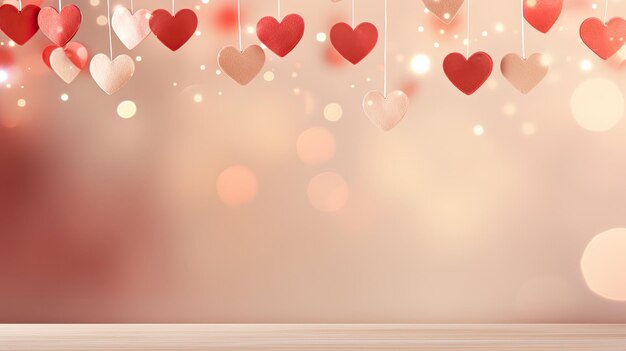 Photo valentines day background banner with red heart garland and copy space