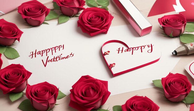 Valentines day background Beautiful bouquet of roses next to letter with text HAPPY VALENTINES DAY