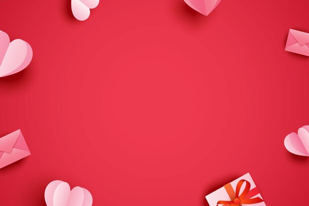 Valentines day background for greeting cards with paper hearts and object decor on red pastel