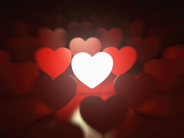 Valentines day background Love concept One glowing heart in a row of red hearts 3d illustration