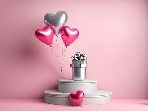 Valentines Day Background Pedestal With Heart Gift Box And Pink And Silver Heart Balloons Empty S