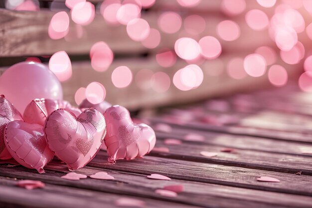 Foto sfondo di san valentino toni rosa panchina di legno palloncini a forma di cuore luci bokeh