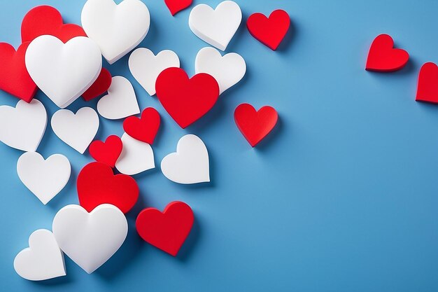 Valentines Day background White and red hearts on blue background Valentines day concept