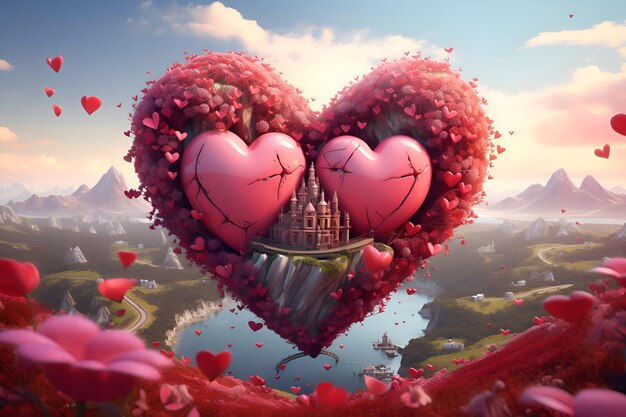 Valentines day background with castle and heart 3D rendering