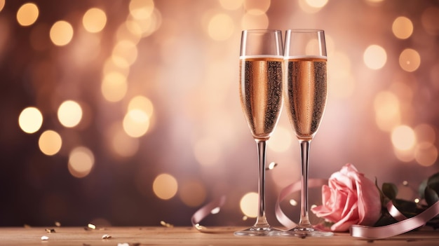 Valentines day background with champagne glasses and red roses